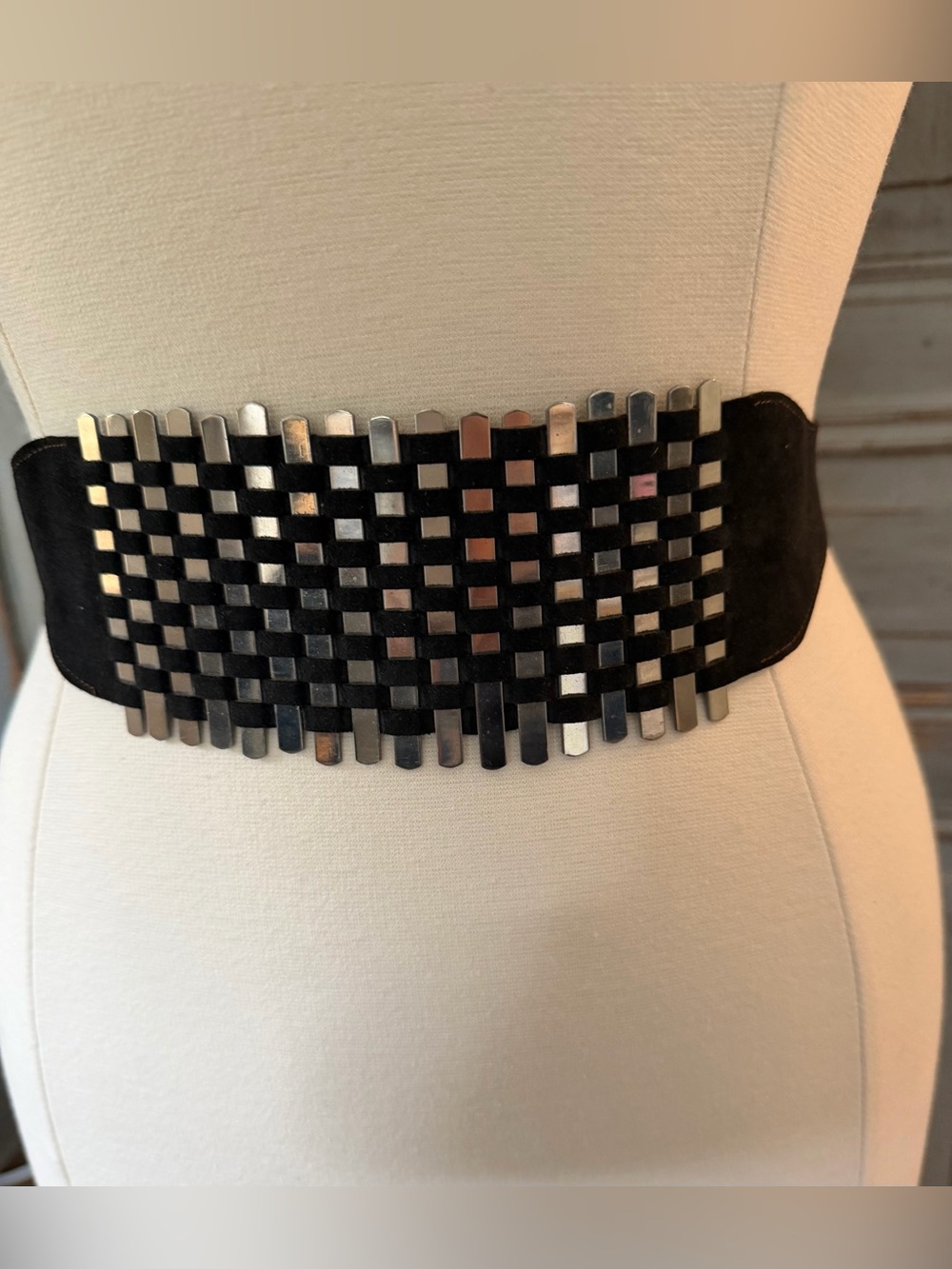 Vintage Black Woven Metal Accent Waist Belt suede